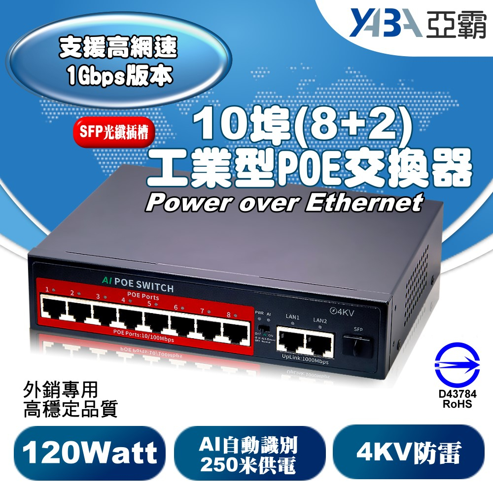 4埠 6埠 8埠 10埠 4路 8路 PoE 網路 交換機 Switch 工業型 乙太網路 交換器 120W 250米