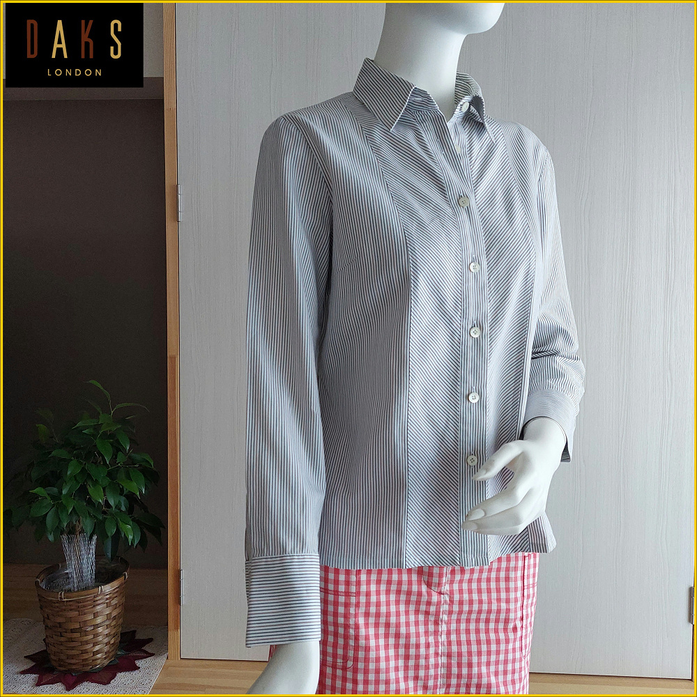 🇯🇵日本二手衣✈️DAKS 日本製 長袖襯衫 近新品 女 40号 DAKS 交差條紋造型襯衫 英倫風格襯衫 A2532D