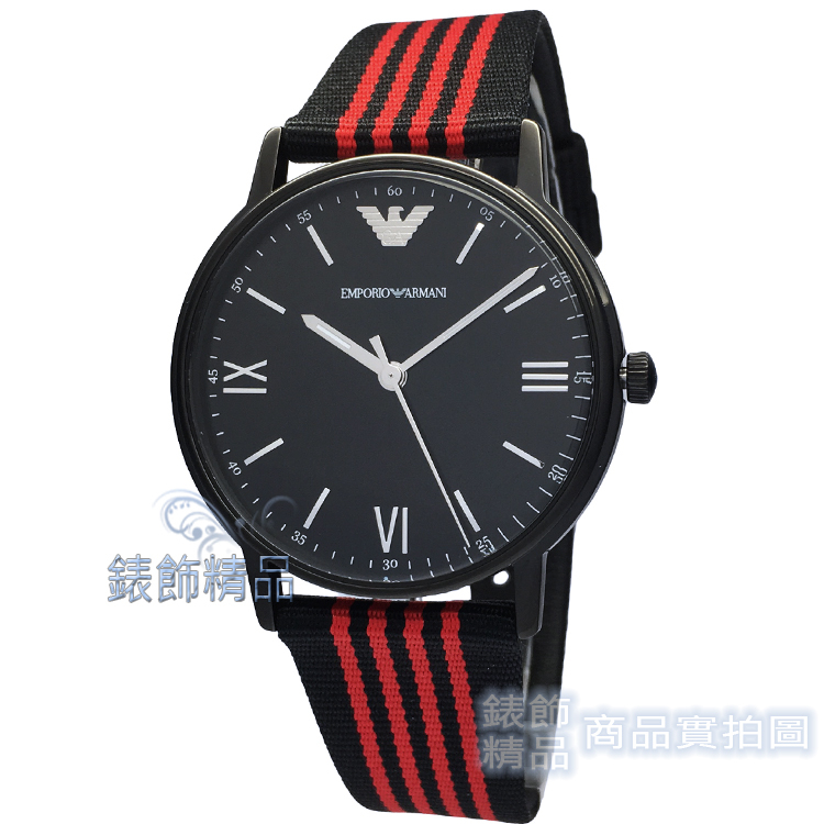 EMPORIO ARMANI 亞曼尼AR11015手錶 運動款 黑紅帆布皮革錶帶 男錶【澄緻精品】