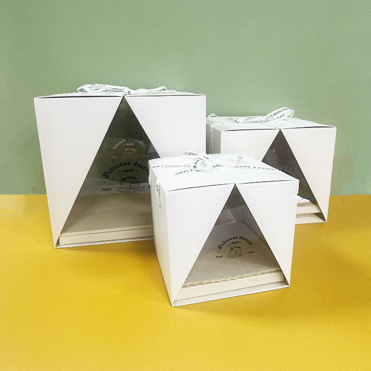 對開透明蛋糕盒 白色蛋糕盒4寸 6寸 8寸透明蛋糕盒 手提紙盒 禮盒附緞帶