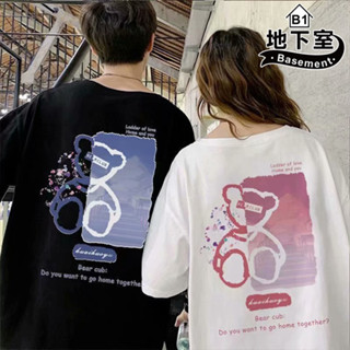 地下室B1- 當天出貨 情侶短T恤 韓版小熊塗鴉印花五分袖寬鬆OVERSIZE短袖上衣【NL621280】