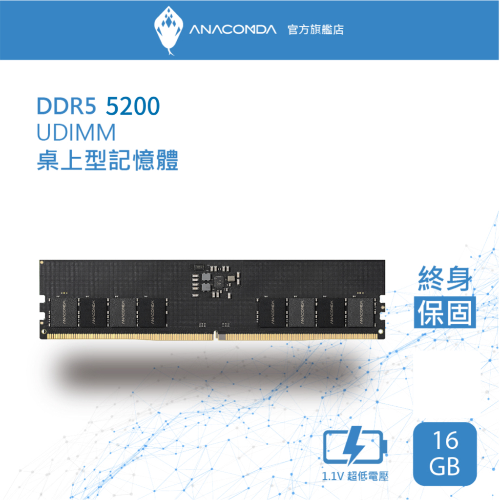 ANACOMDA巨蟒 DDR5 5200 5600 16GB 桌上型記憶體 UDIMM 有限終身保固 D5 桌機用記憶體