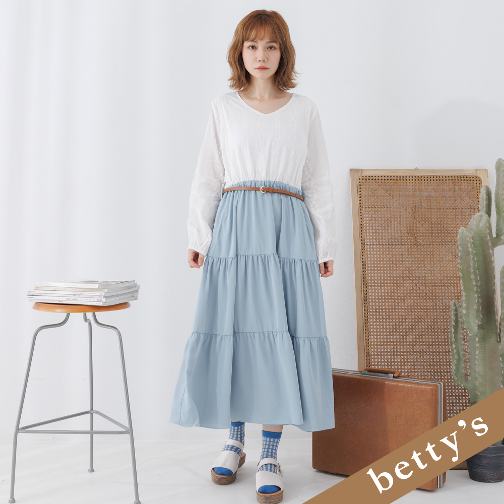 betty’s貝蒂思(25)蕾絲拼接腰帶蛋糕洋裝(白色)