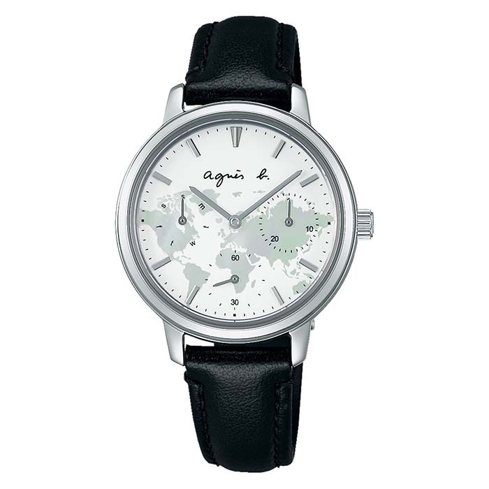 【agnes b.】BP6030X1 手寫風 世界地圖 皮錶帶 三眼計時女錶 VD75-KHP0Z 白/銀 32mm