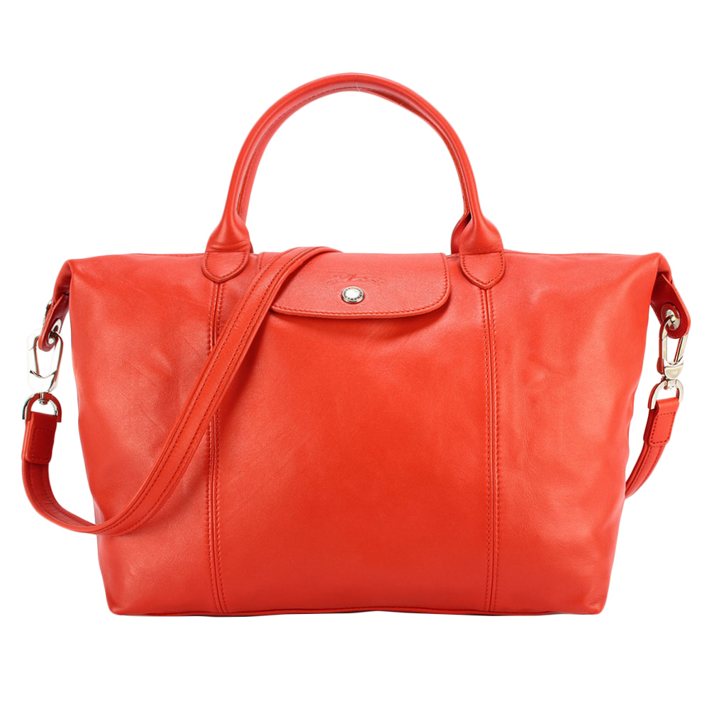 LONGCHAMP Le Pliage Cuir小羊皮手提斜背兩用水餃包(橘紅)480193-611