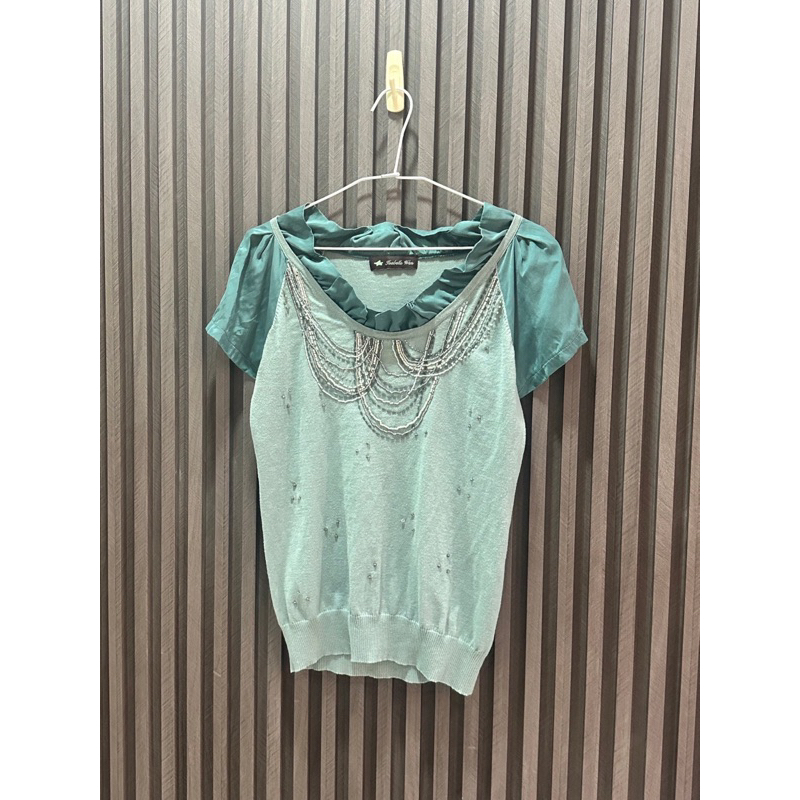 ISABELLE WEN 溫慶珠設計師品牌 女生 短袖 上衣 洋裝 莫蘭廸綠亮珠造型針織上衣 百貨公司設計師品牌