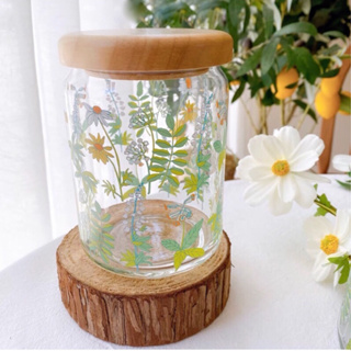 現貨 日本代購 Zakka 小花植物田園風玻璃木蓋儲物罐 日本製