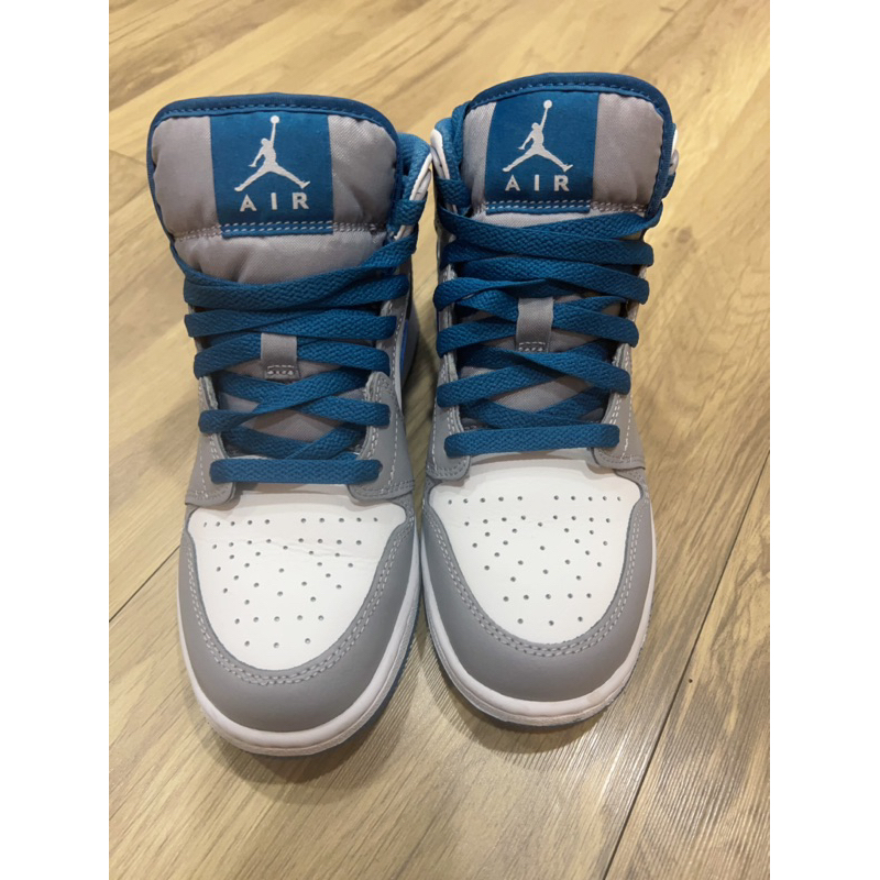 二手～Air Jordan 1 Mid GS 大童鞋 灰藍色～22.5cm