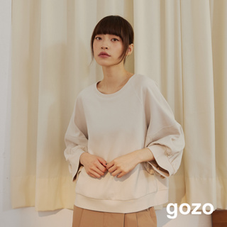 【gozo】斜紋爬線七分大蓬袖上衣(黑色/米色_F) | 女裝 圓領 休閒
