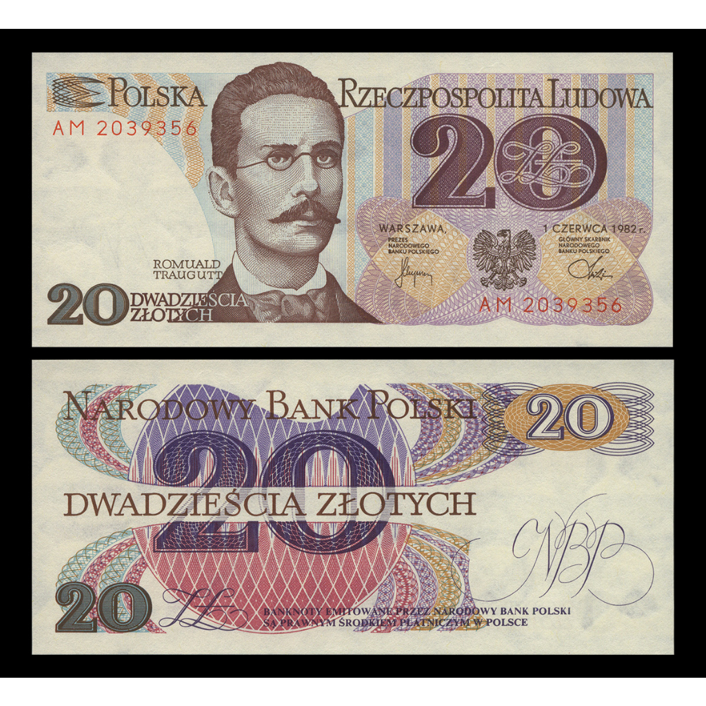 波蘭1982年版20 Zlotych紙鈔１枚。－－98新－－