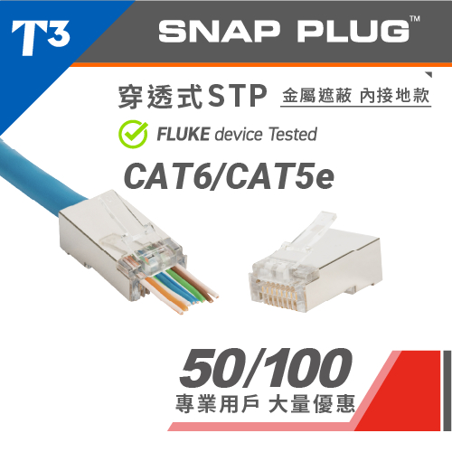 【★ 美國 T3 】 穿透式 水晶頭 Cat6 Cat5e STP 鐵殻 網路線 護套 RJ45 65 70 台製