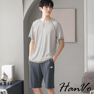 【HanVo】男款拷克設計莫代爾休閒套裝 舒適親膚圓領短袖套裝 韓系男裝 男生衣著 B6010