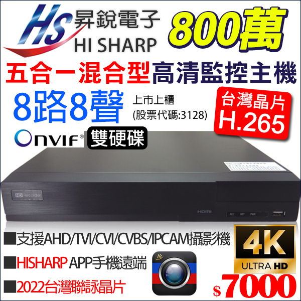 H.265 昇銳 8路 8聲 8MP 800萬 4K 雙碟 監控主機 台灣製 監視器 HS-HP8321