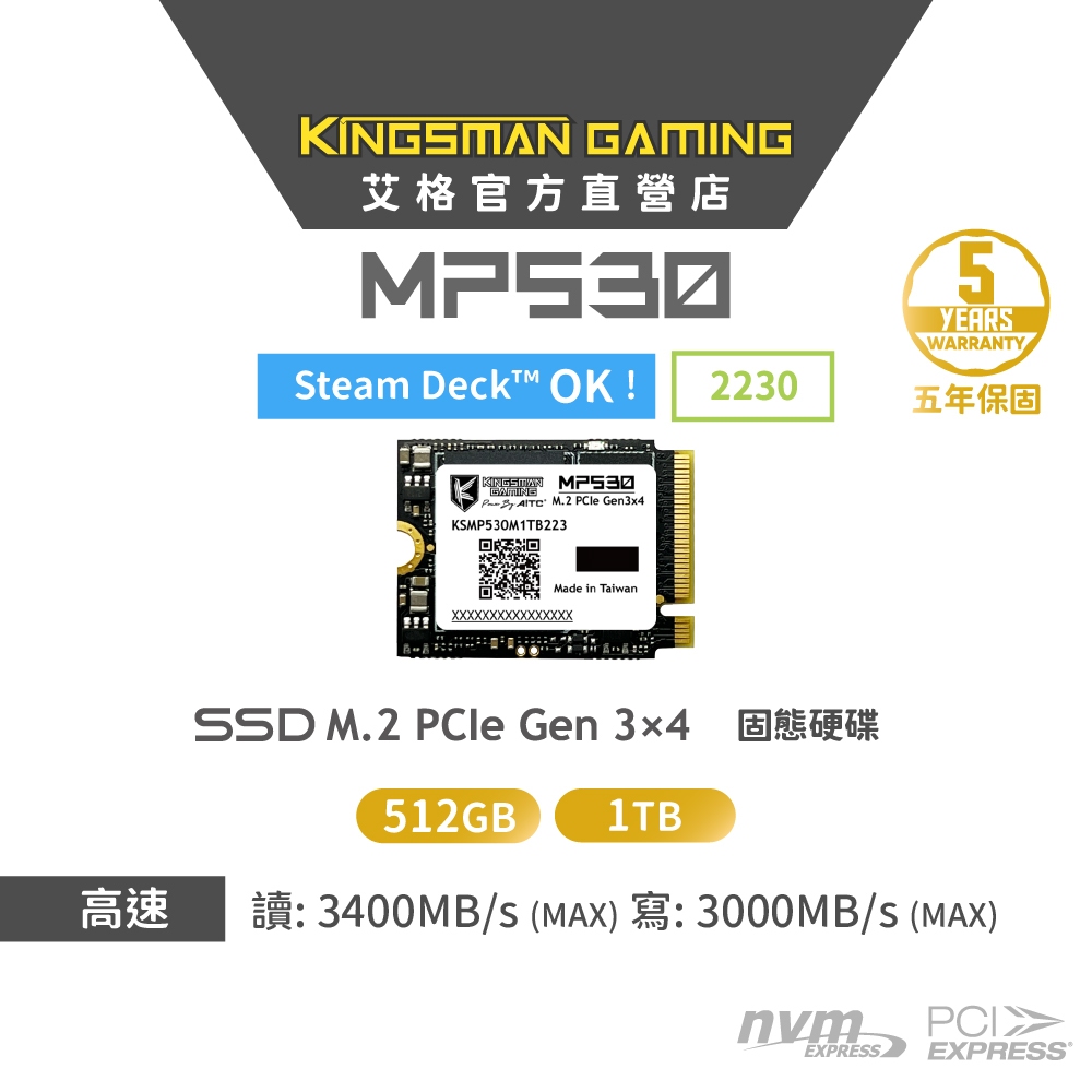 AITC艾格 KINGSMAN MP530 512G/1TB M.2 2230 PCIe Gen3x4 SSD 固態硬碟