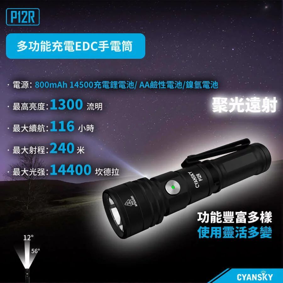 【電筒發燒友】CYANSKY P12R 1300流明 240米 14500 尾部磁吸 TYPE-C EDC 手電筒