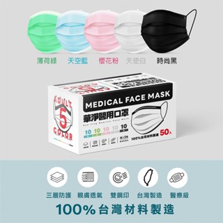 【萊悠諾生活】華淨-成人醫療級口罩★100%臺灣材料製造(一盒五色) 共50入/酷黑.櫻花粉.天使白.薄荷綠.藍