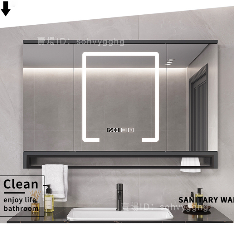 統編-尺寸定製-（破損包賠）智能風水鏡隱藏式浴室鏡櫃衛生間推拉鏡子單獨掛牆式實木摺疊鏡箱智能鏡櫃-收納鏡櫃-F7