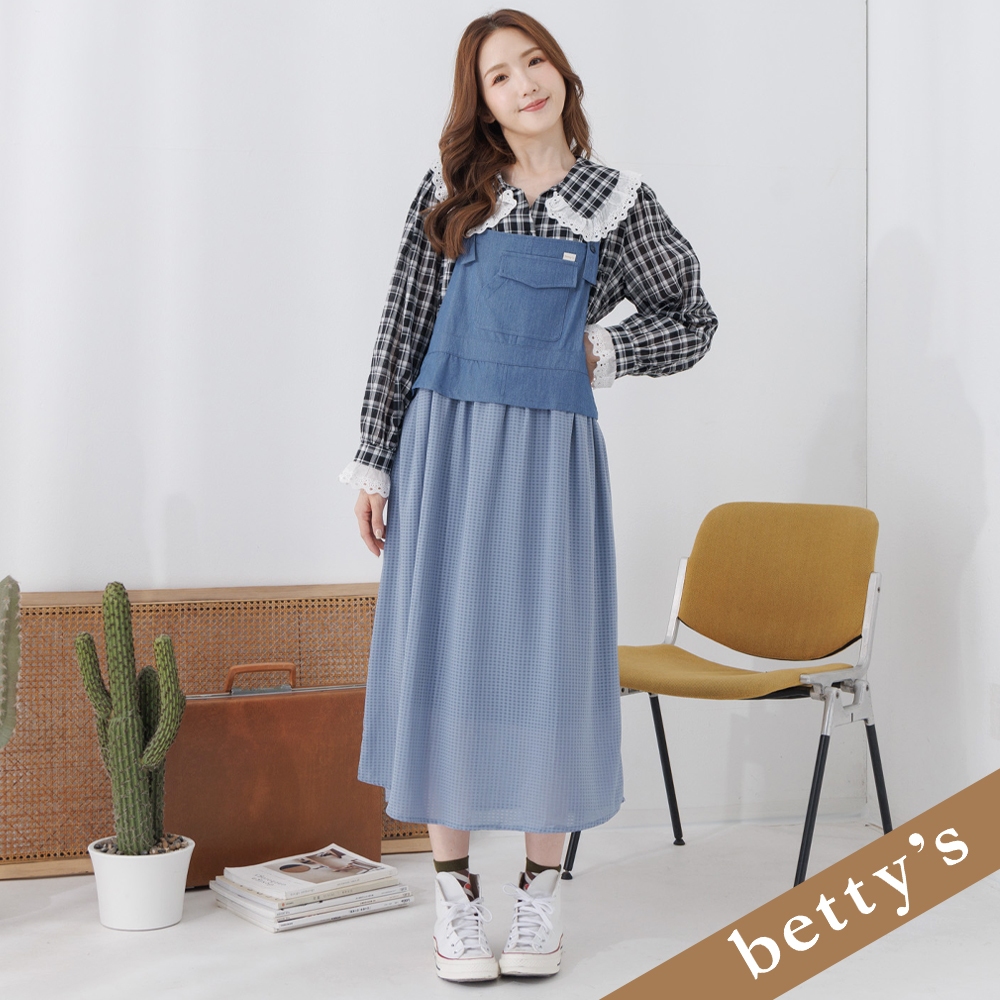 betty’s貝蒂思(25)假兩件吊帶牛仔細格洋裝(淺藍色)