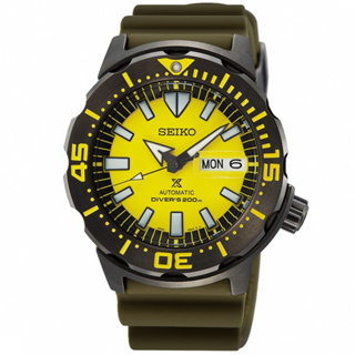 【SEIKO 精工】PROSPEX 矽膠帶機械潛水錶-黃x黑框x軍綠色 4R36-08B0Y 現代鐘錶 SK016