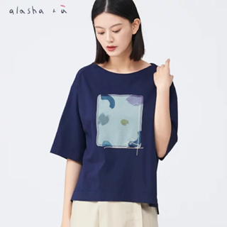 a la sha+a「全新、深藍M」色塊印花船領五分袖T恤