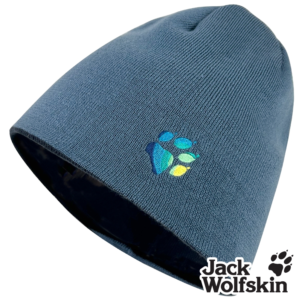 【Jack wolfskin飛狼】小狼爪LOGO條紋針織保暖帽 雙面戴毛帽『深藍配藍』