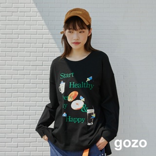 【gozo】健康飲食趣味印花長袖T恤(黑色/米白_F) | 純棉 圓領 休閒