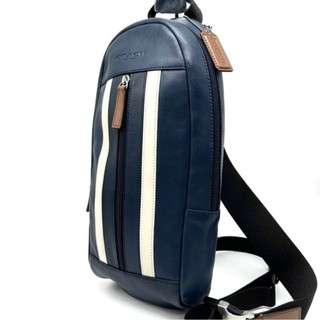 C.M.F 超入手困難極美品 大人気 コーチ coach 超優異質感 深海軍藍白配色 皮革斜背後揹包 極少用 9.9成新