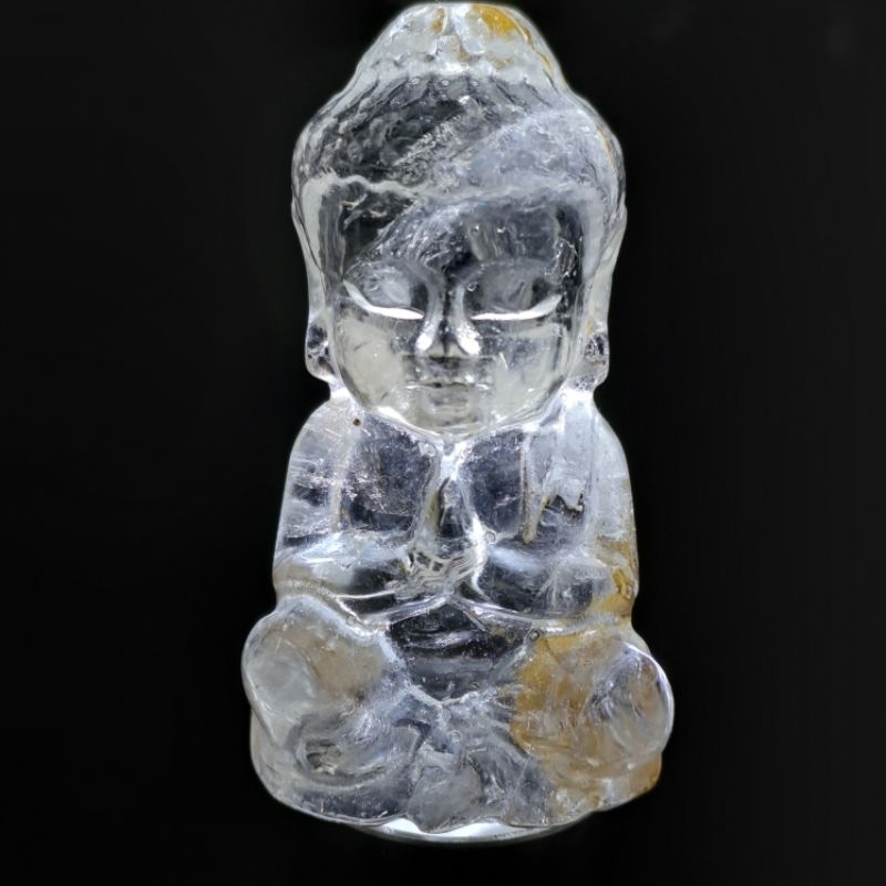 天然白水晶、白水晶寶寶佛雕件擺件，高4.4公分，帶黃膠花，雕工精細，法相莊嚴
