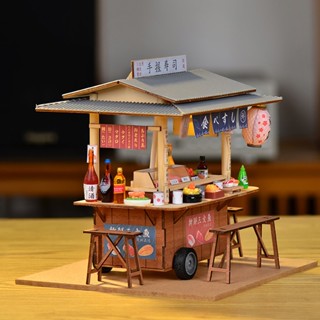 【臺灣現貨|手握壽司】歡樂文創DIY小屋 袖珍屋 藝術屋 日本壽司店模型 手工組裝玉子燒 鯛魚燒 清酒 鮭魚微景觀 夜市