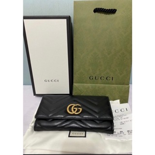 專櫃正品 GUCCI GG Marmont 牛皮金屬雙G LOGO 翻蓋長夾 (黑) 443436