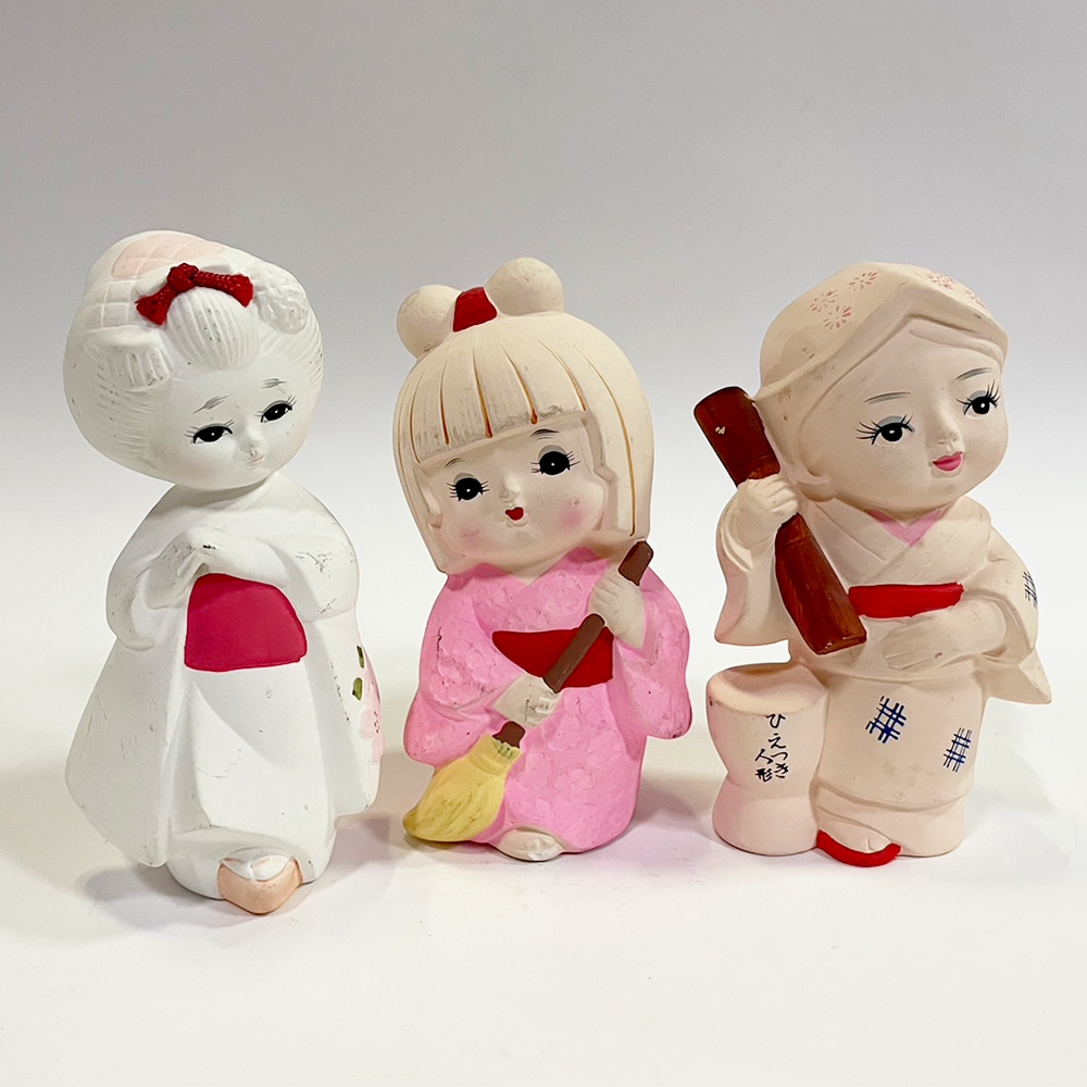 早期 日本女孩 博多人形 陶瓷 日本 復古 娃娃 和服 三款合售 人偶 裝飾擺件