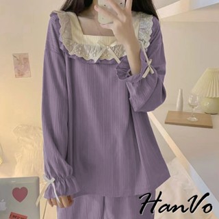 【HanVo】甜美公主風居家睡衣套裝 親膚柔軟舒適可愛套裝 日常韓系女裝 女生衣著 A08-5977