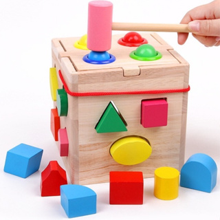 配對智力盒 敲球遊戲形狀配對 早教益智配對敲槌方塊 木製正方體形狀配對積木盒