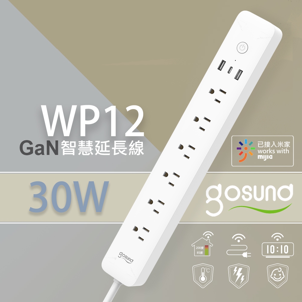 Gosund 酷客 30W Gan 智慧延長線 6孔分控 3埠USB 智能延長線 WP12 台灣版 電量統計 米家APP