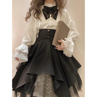預購*lolita 暗黑宮廷哥德不規則網紗束腰裙子 風琴褶長袖蕾絲襯衫 設計感 蘿莉塔 復古 秋冬 長裙 套裝
