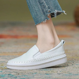 JC Shop【35-40#】韓系真皮水鑽小白鞋 真皮休閒鞋女 樂福鞋 真皮厚底鞋