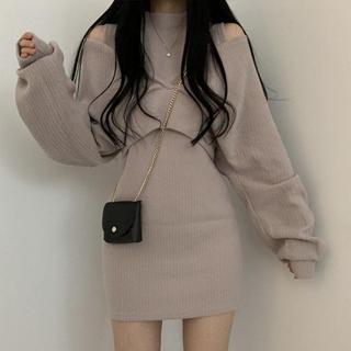 秋冬女裝新款韓版INS韓系女裝 件式高領洋裝+短版上衣套裝 2件式上衣 女裝套裝 洋裝 短洋 立領洋裝 氣質 套裝 裙子