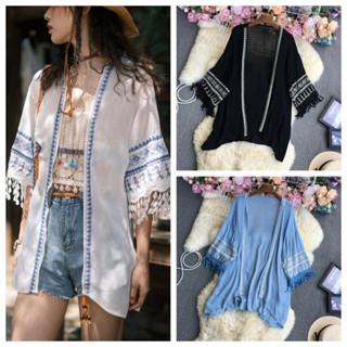 臺灣公司❤️秋冬外搭寬鬆外套 刺繡防曬衫 薄外套 民俗風罩衫 流蘇飄逸超仙披肩 泳裝罩衫 民俗風 波西米亞 沙灘披肩