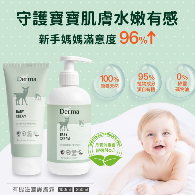 寶寶有機滋潤護膚霜 100ml/250ml  丹麥德瑪derma 臉及全身都可用