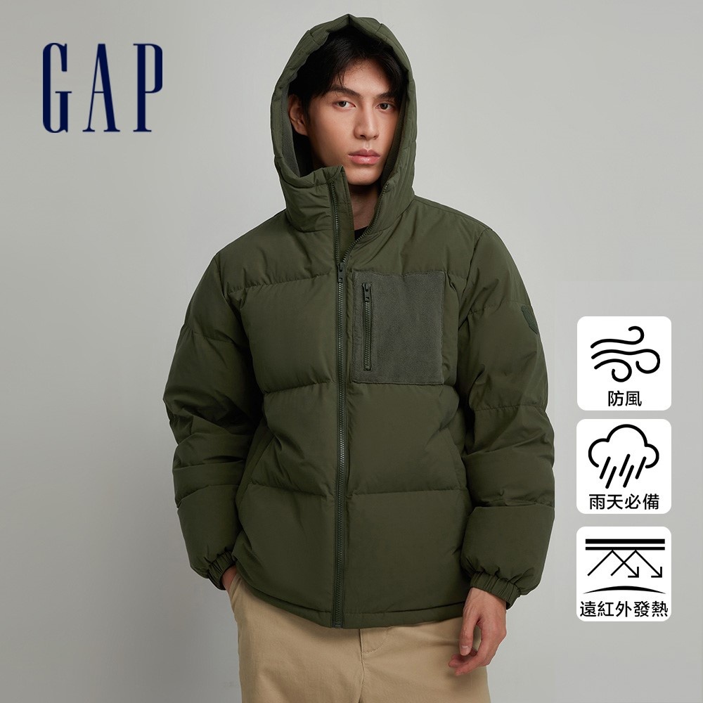 Gap 男裝 Logo防風防雨連帽羽絨外套-軍綠色(720840)