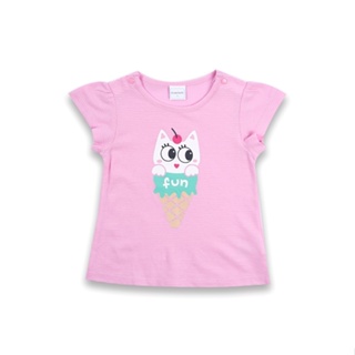 二手現貨，麗嬰房 台灣製 fun系列，美國棉，粉紅色 小貓水果冰淇淋 斑駁印刷 特殊袖型 短袖上衣 2號 86cm 童裝