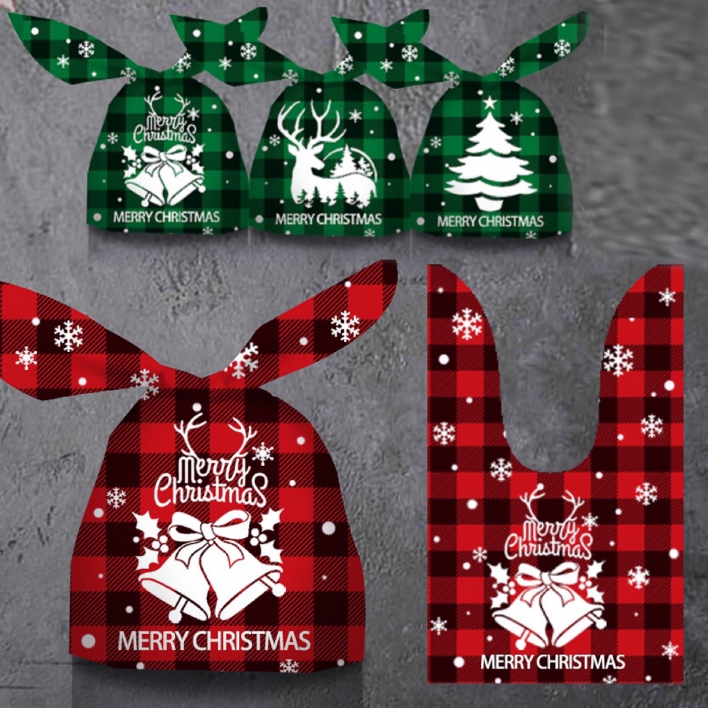 (50入)聖誕節主題 綠色紅色蘇格蘭紋聖誕兔耳朵包裝袋 兔耳袋 糖果餅乾袋 麵包袋 點心袋 烘焙包裝袋【B36】露比小舖