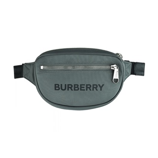 BURBERRY黑字LOGO尼龍拉鍊胸掛腰包(灰)