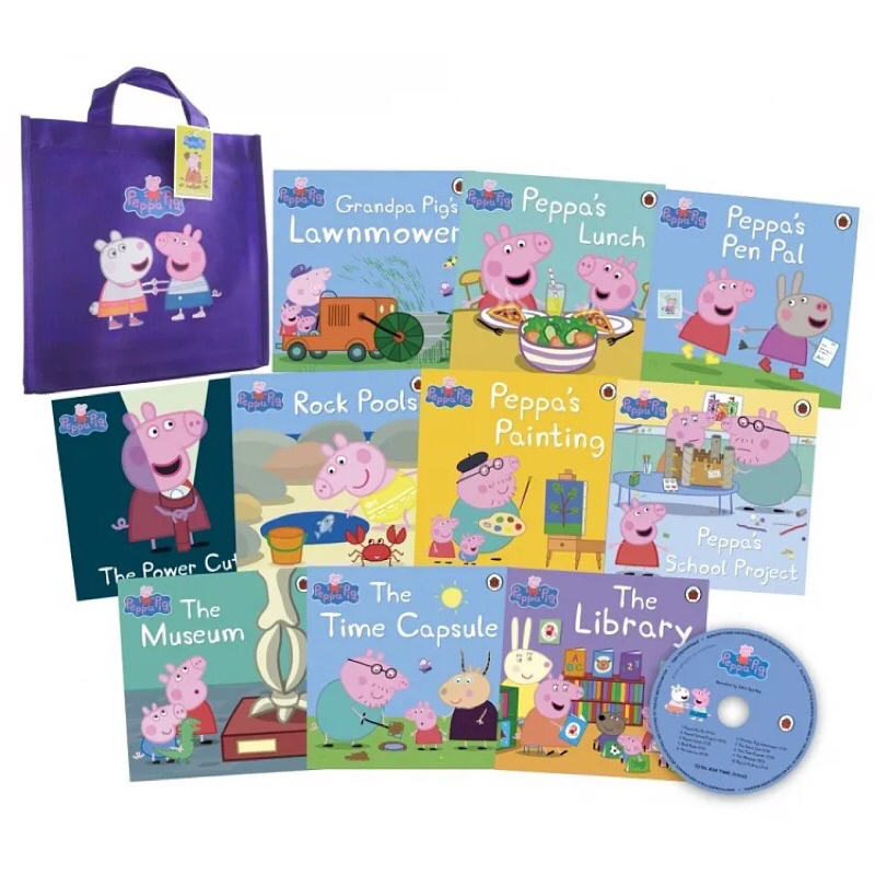 羊耳朵書店*Peppa Pig/佩佩豬最新有聲故事書袋(紫/萊姆綠) Peppa Purple Bag (10 Books+CD) 《粉紅豬小妹快樂紫書袋》有聲故事套書(10冊+CD合售