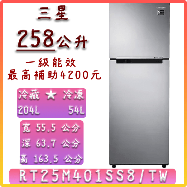 【網路最低價】 258公升 RT25M4015S8/TW 三星 SAMSUNG 冰箱 雙循環 變頻 雙門 極簡 含定位