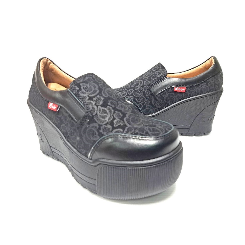 零碼鞋 5號 Zobr 路豹 女款 牛皮厚底氣墊樂福鞋 AB80 黑色 麂皮 (超高底台9CM) 特價1290元 A系列