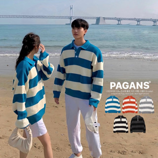 【PAGANS STORE】韓國 條紋 針織 polo衫 糖果色 毛衣 高質感 翻領 長袖 上衣 (5 color)