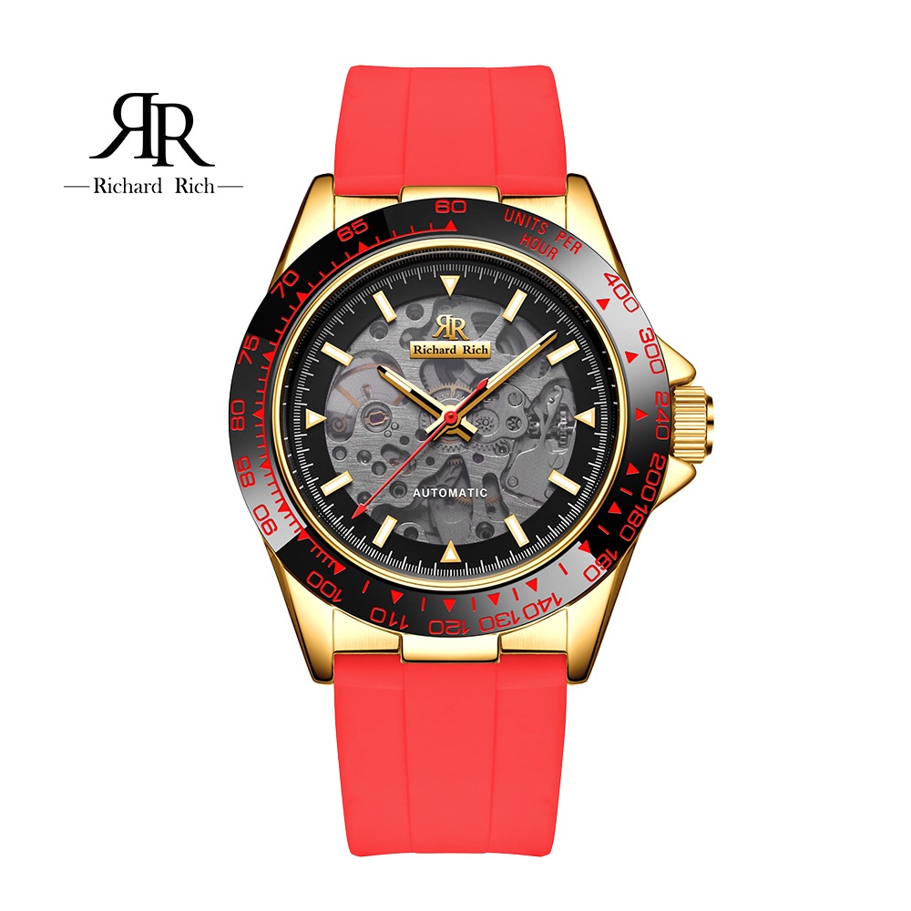 ⏰ACE⏰【Richard Rich】RR 海軍上將系列 火焰紅縷空錶盤自動機械氟矽膠腕錶