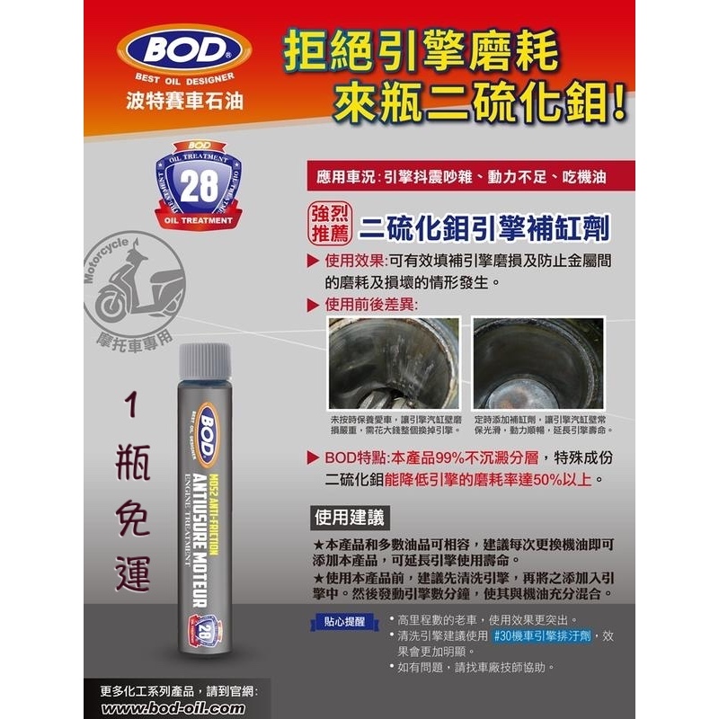 BOD 28號 波特 機油精 MOS2 50ml 二硫化鉬 引擎保護劑 機油 添加劑 引擎補缸劑 油麻地