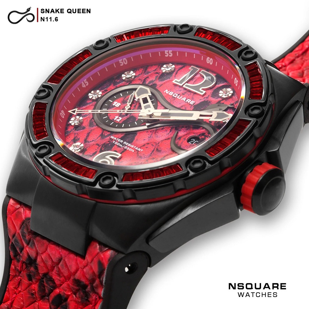 【WANgT】NSQUARE 蛇后系列 魅力皇后胭脂紅施華洛世奇水晶蛇紋46mm自動機械腕錶 L0471-N11.6